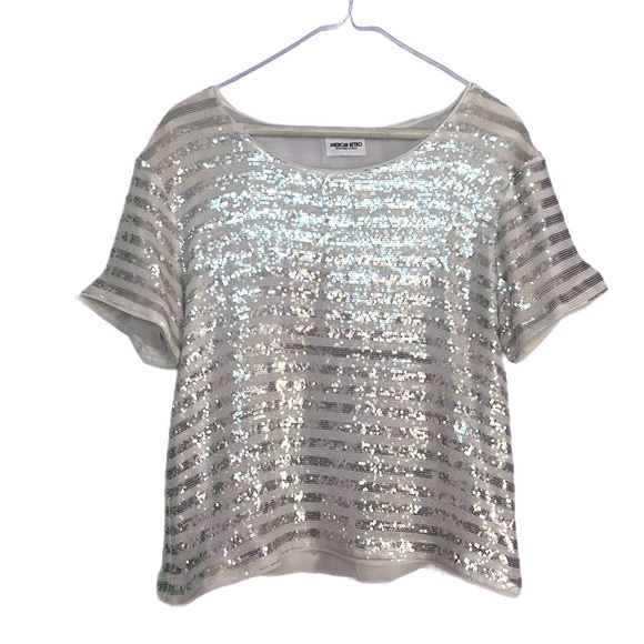 American Retro Sparkly Sequin Top Short Sleeve Glitter Party Disco Shirt Blouse - Picture 3 of 13